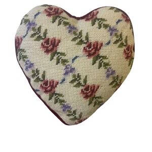 Vintage Heart Floral Needlepoint Pillow Red Roses Velvet Back Accent Decorative